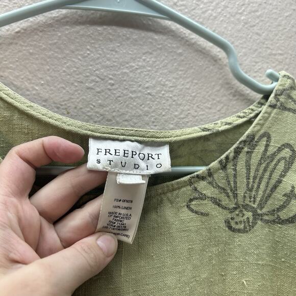 Freeport Studio SZ L Green Floral 100% Linen Shift Dress Short Sleeve Minimalist - Picture 2 of 5